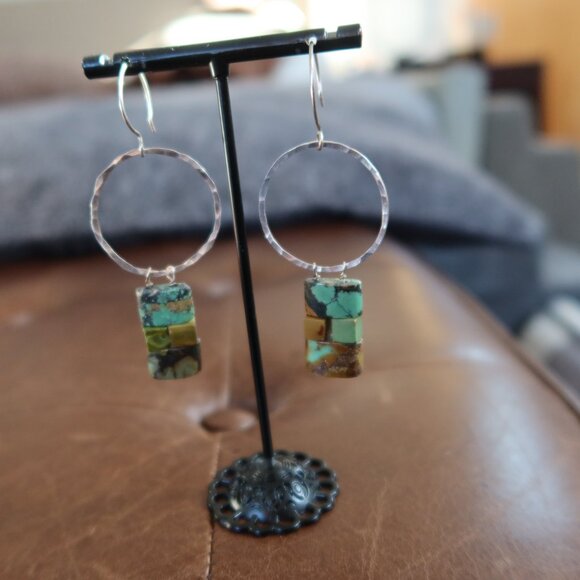 Turquoise and hammered sterling silver earrings by Dana Reed Designs 2.75" drop - Picture 6 of 13